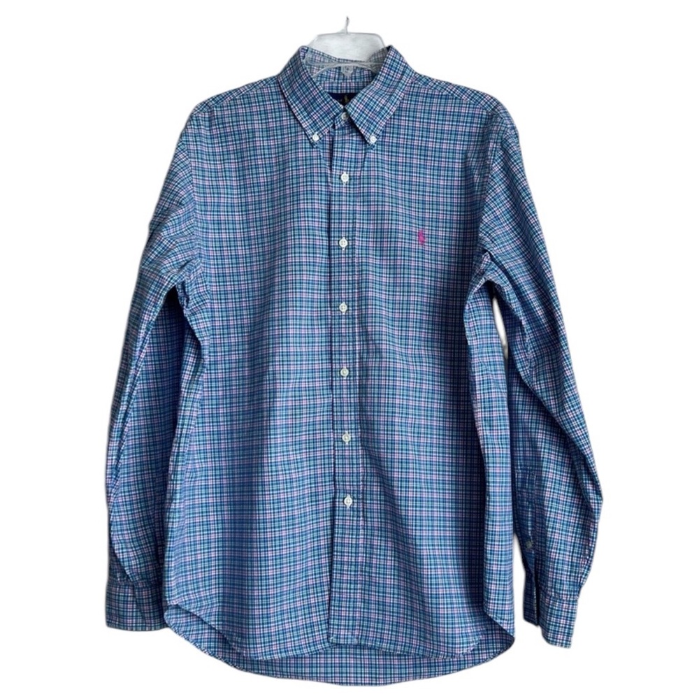 Ralph Lauren Men's Pink Blue Green Plaid Button Down Dress Shirt-Large